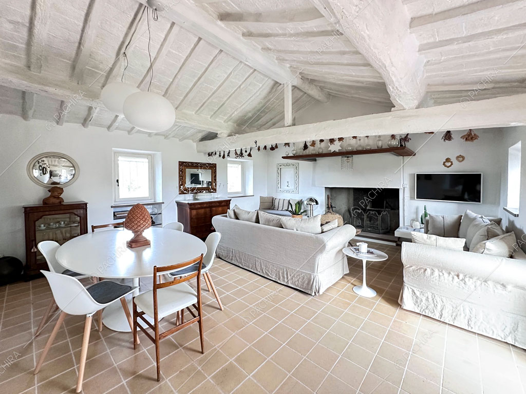 Zona living con camino, travi in legno a vista sul soffitto e divani grigi