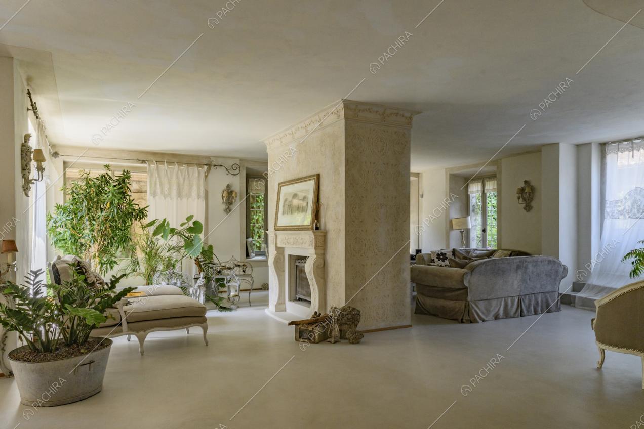 Sala con camino, sdraio in stile classico e divani grigi