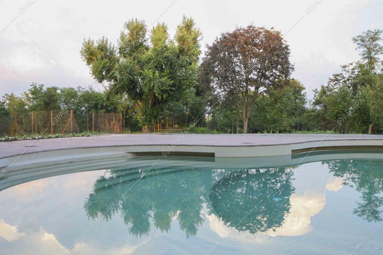 Piscina con scalini sott'acqua e vista sul parco