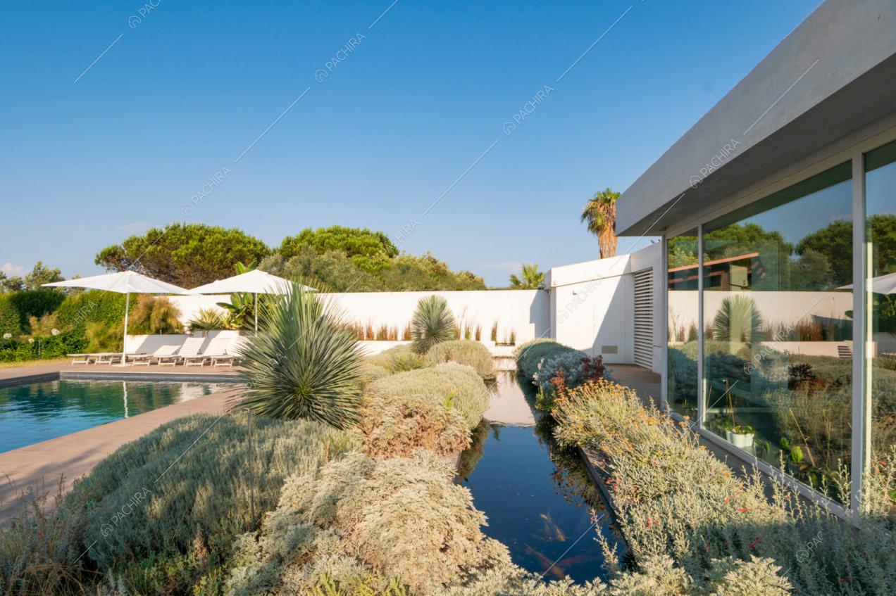 Giardino con cespugli, mura bianche della villa e vetrate