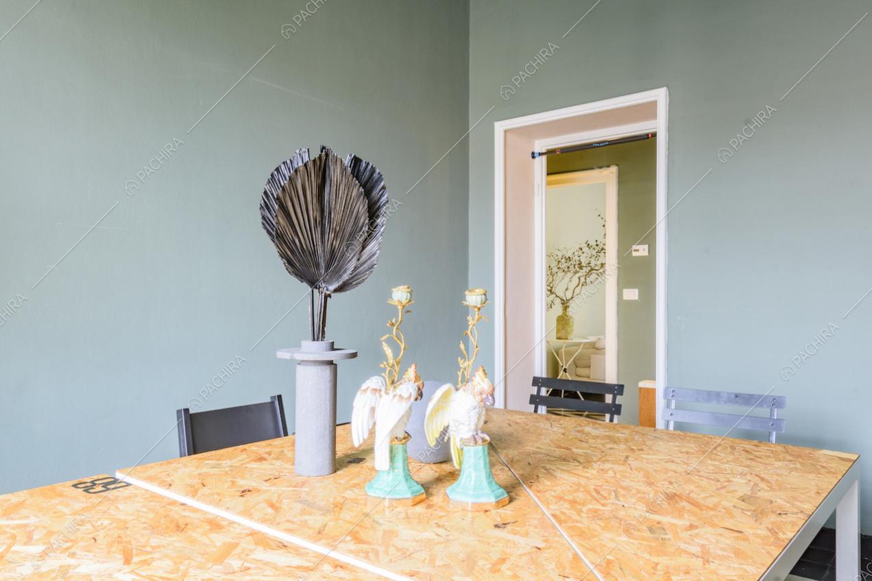 Tavoli quadrati, vasi con fiori decorativi e pareti colorate