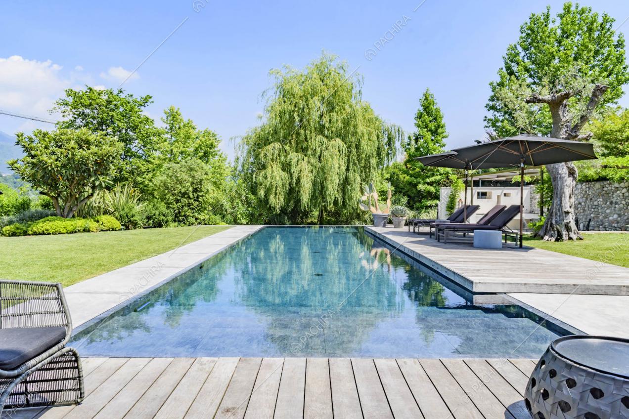 Piscina nel giardino con grandi alberi e lettini