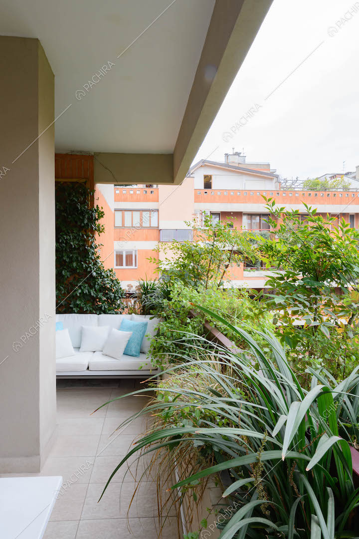 Terrazza con numerose piante e divanetto bianco