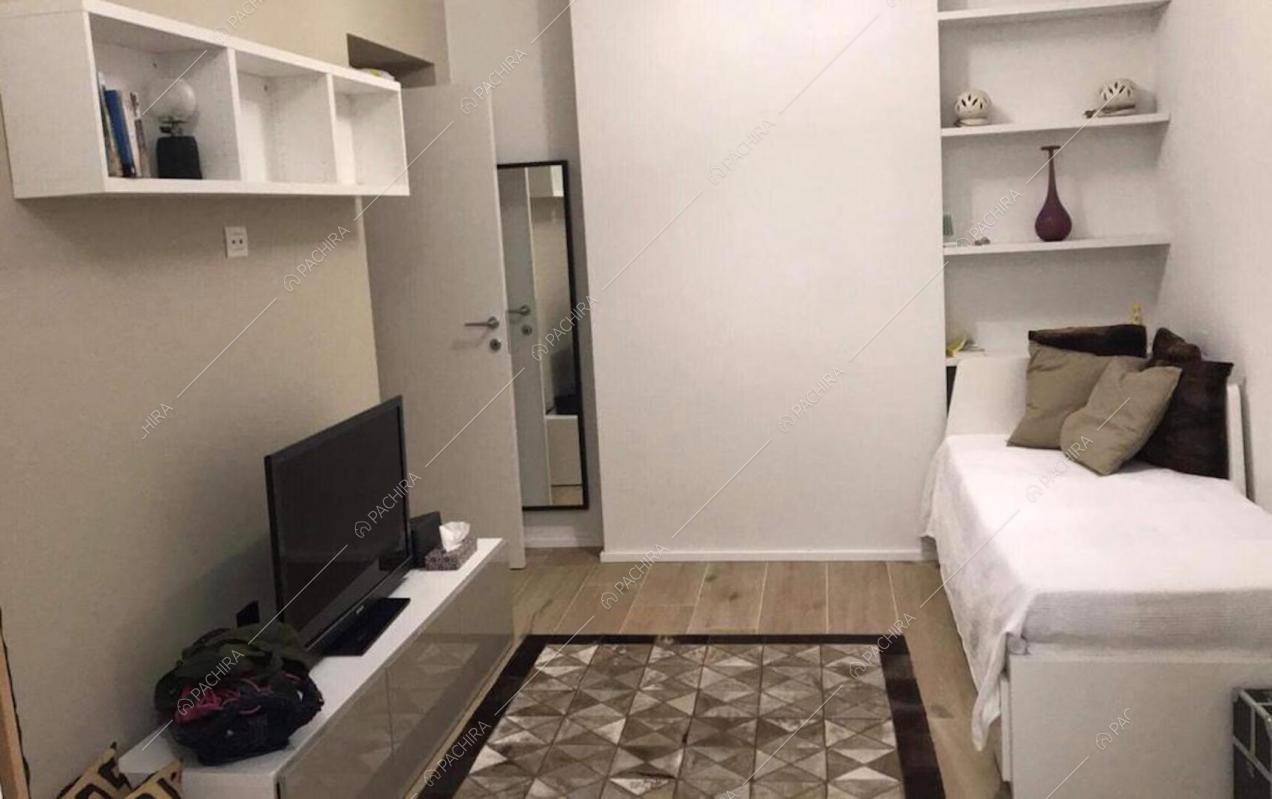 Locale con divano letto, mensole e tappeto sul parquet